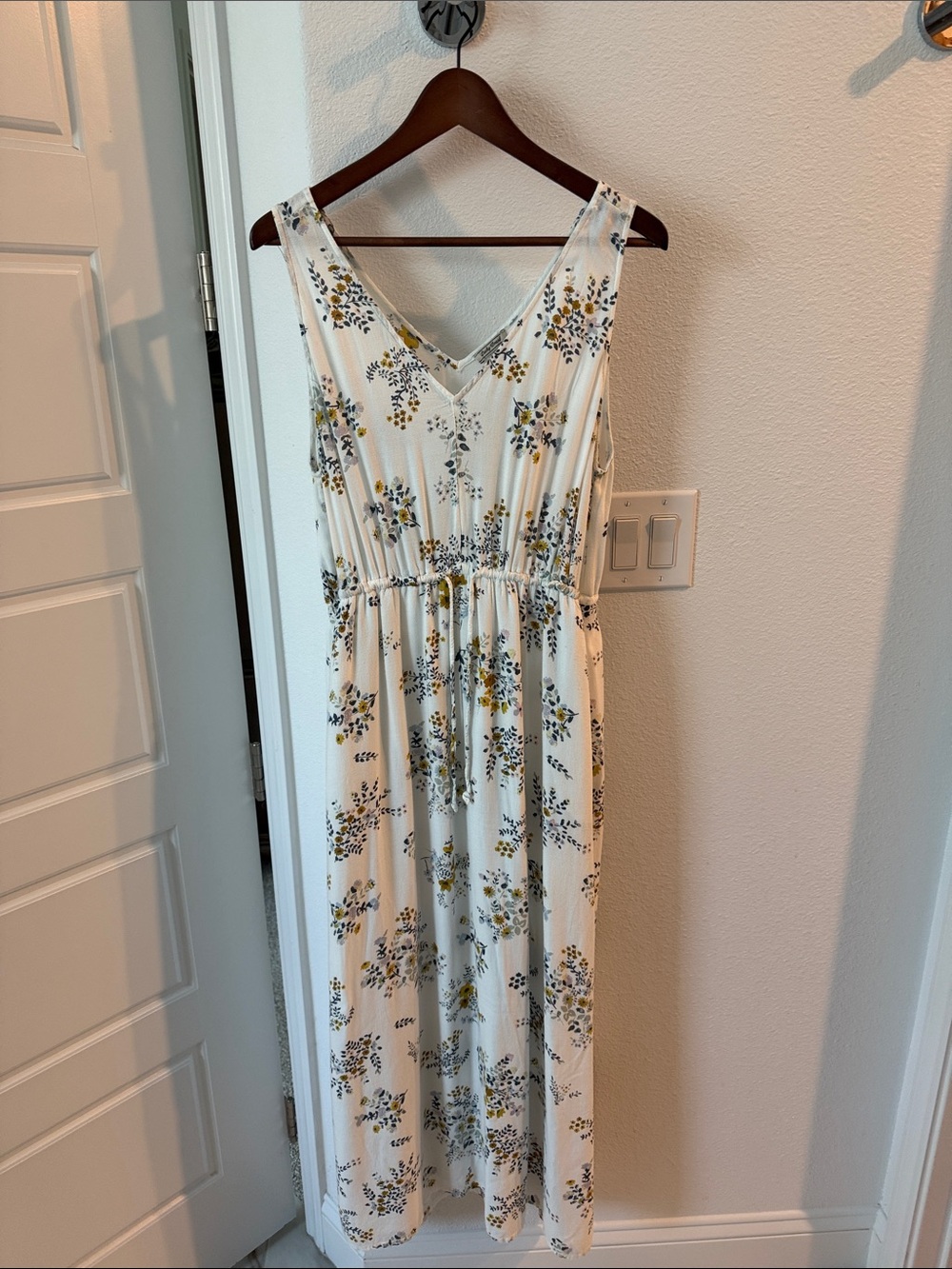 Lucky Brand White Maxi Dress with Yellow and Blue Floral Print